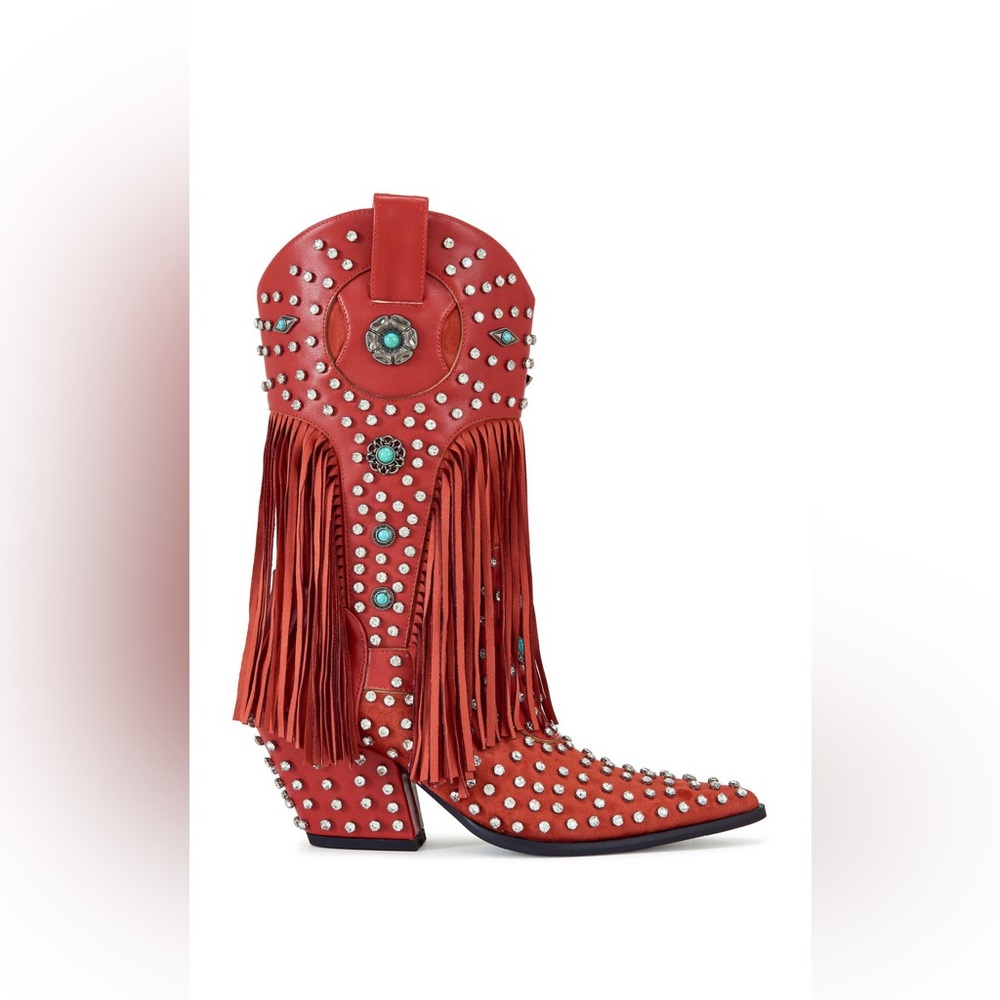 Fringe Western Boots with Rhinestones & Turquoise Studs - Azalea Wang - Picture 2 of 6